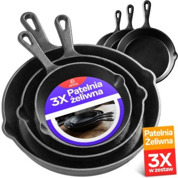 Set of 3 Deep XXL Cast Iron Frying Pans for Induction, Gas and Pancakes