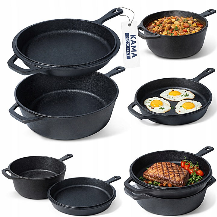 2-in-1 Cast Iron Pot, Roasting Pan and Frying Pan Set