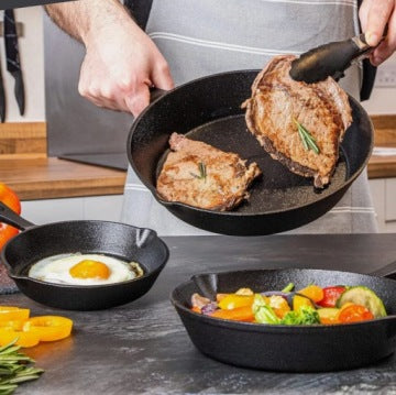 IRON3 Set of 3 Cast Iron Grill Pans for Campfire Cooking