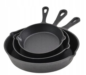 Set of 3 Heavy Cast Iron Pans, 16/20/25 cm, for Induction, Gas and Campfire