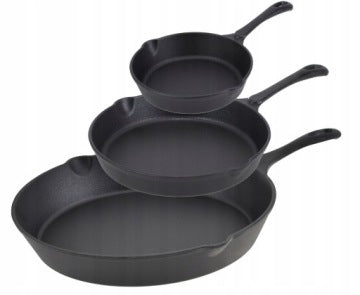 Set of 3 Heavy Cast Iron Pans, 16/20/25 cm, for Induction, Gas and Campfire