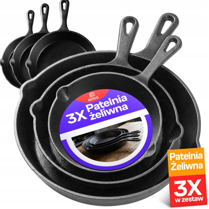 Three-Piece Deep Cast Iron Pan Set for Induction, Gas and Pancake Cooking