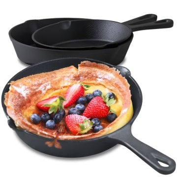Three-Piece Deep Cast Iron Pan Set for Induction, Gas and Pancake Cooking