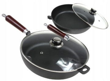 Large 28 cm Cast Iron Frying Pan with Lid for Induction and Gas