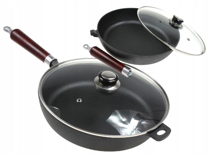 Large 28 cm Cast Iron Frying Pan with Lid for Induction and Gas