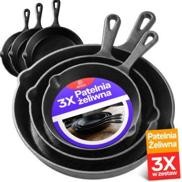 Three-Piece Deep Cast Iron Pan Set for Induction, Gas and Pancake Cooking