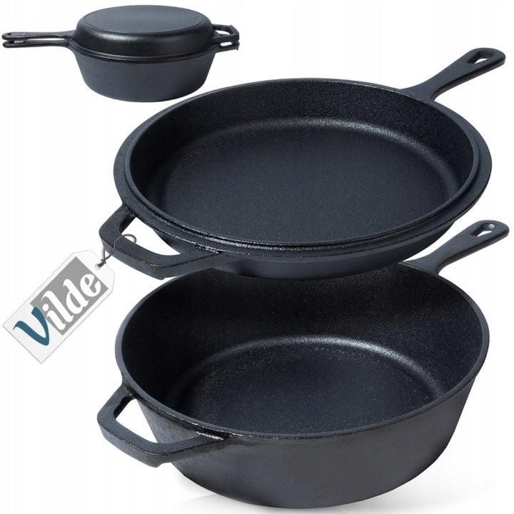 2-in-1 Cast Iron Pot, Saucepan and Roasting Pan for Baking and Frying