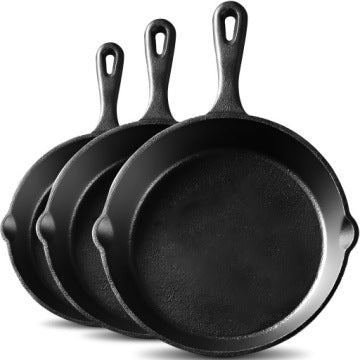 Set of 3 Deep XXL Cast Iron Frying Pans for Induction, Gas and Pancakes