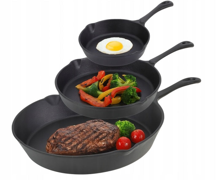 Set of 3 Heavy Cast Iron Pans, 16/20/25 cm, for Induction, Gas and Campfire