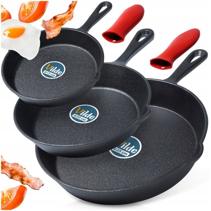 Set of 3 Cast Iron Frying Pans for Gas, Induction, Grill and Oven, 15/20/25 cm
